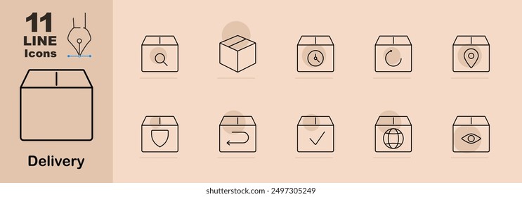 Delivery icons set. Delivery, search, open package, clock, location, secure package, return, globe, approved. Linear shipping illustrations.