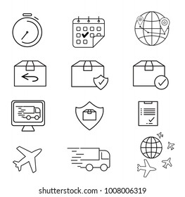 Delivery  icons set. Shipping box, world, track, boat, ship, calendar, checklist icons. Fast shipping line icons.