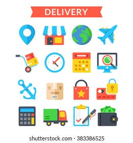 Delivery icons set. Shipping, delivery, logistics, warehouse, goods tracking. Modern flat design, material design icons set for for web sites, web banner, mobile apps, infographics. Vector icons set