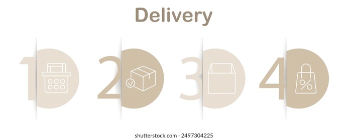 Delivery icons set. Shopping cart, delivery box, closed package, shopping bag, parcel with checkmark, empty basket, online shopping. Linear delivery illustrations.