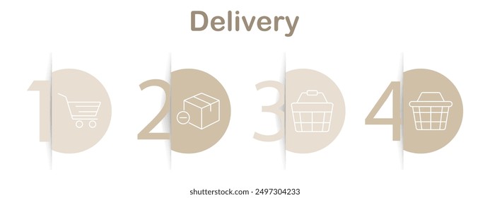 Delivery icons set. Shopping cart, delivery box, closed package, shopping bag, parcel with checkmark, empty basket, online shopping. Linear delivery illustrations.