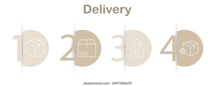 Delivery icons set. Shopping cart, delivery box, closed package, shopping bag, parcel with checkmark, empty basket, online shopping. Linear delivery illustrations.
