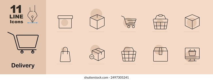 Delivery icons set. Shopping cart, delivery box, closed package, shopping bag, parcel with checkmark, empty basket, online shopping. Linear delivery illustrations.