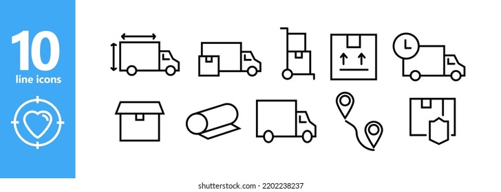 Delivery icons set. Simple Set of Logistic Related Vector Line Icons. Contains such Icons as freighter. Package. Inventory. Warehouse. Trolly and More. Delivery concept. Vector line icon for business.