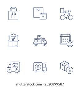 Ícones de entrega definidos. Estilo de linha fina, curso editável. produto, lista de separação, pickup truck, planejamento, caminhão de entrega, bicicleta de entrega, entrega.