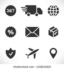 Delivery Icons Set. Vector illustration of Shipping. Contains plane, van, mail, box, planet, geolocation, sale, protect and schedule icons