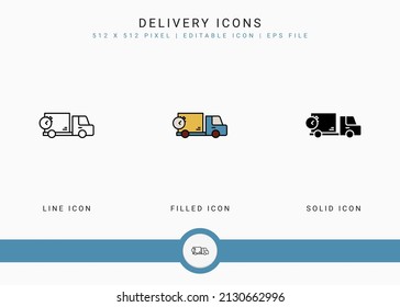 Liefert Symbole, die Vektorgrafik mit fester Symbollinie setzen. Logistisches Servicekonzept. Bearbeitbares Strichsymbol auf isoliertem Hintergrund für Webdesign, Benutzeroberfläche und mobile App