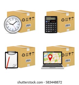 Delivery icons. Shipping cardboard boxes with clock, calculator, clipboard and gps map on laptop screen.
