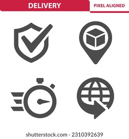 Delivery Icons. Shipping, shield, guarantee, guaranteed, package, deadline, stopwatch, global vector icon set.
