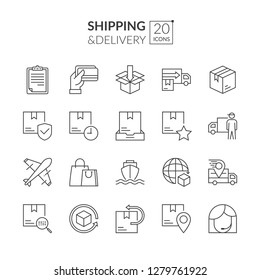Delivery icons. Simple set of shipping related vector line icons. Delivery flat icon set