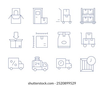 Iconos de entrega. Estilo de línea delgada, carrera editable. embalaje, bolsa de papel, caja de entrega, servicio de entrega, tiempo, camión de entrega,.