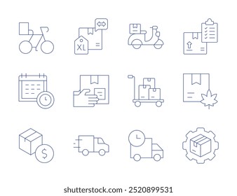 Ícones de entrega. Thin Line estilo, curso editável. produto, planejamento, aquisição, caixa de entrega, caminhão de entrega, cadeia de suprimentos, bicicleta de entrega.