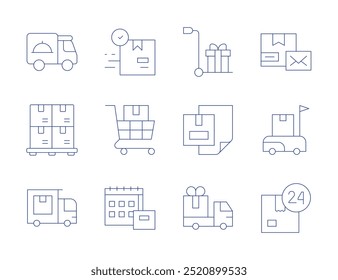 Ícones de entrega. Estilo de linha fina, traço editável. pacote, embalagem, caixa de entrega, dia de entrega, pacote de entrega.