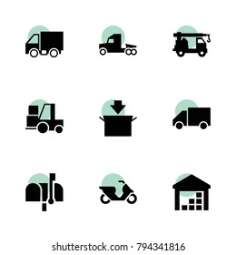 Delivery icons. vector collection filled delivery icons set.. includes symbols such as truck, package, forklift, crane truck, mail box. use for web, mobile and ui design.