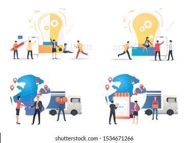 Delivery illustration set. Courier unloading truck at globe with map pointers. Commerce concept. Vector illustration for landing pages, presentation slide templates