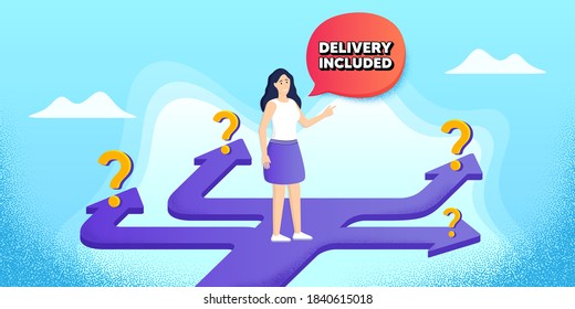 Entrega incluida. Elección de ruta futura. Ruta de la estrategia de carrera de búsqueda. Cartel de envío gratuito. Símbolo de oferta especial. Direcciones con signos de interrogación. Entrega incluida banner. Vector