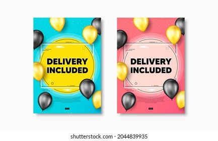 La entrega incluía texto. Afiches de volante con globos realistas cubiertos. Cartel de envío gratuito. Símbolo de oferta especial. La entrega incluyó carteles de carteles de marcos de texto. Los globos se cubren. Vector
