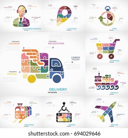 Delivery infographic collection pack with Customer Service, Location, Time, Shopping, Freight, Railroad, Goods and Airline puzzle illustrations