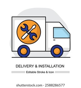 Delivery and Installation Icon: A white truck with blue wheels and an orange circle containing a wrench and screwdriver, symbolizing efficient delivery and installation services. Ideal for logistics.