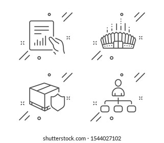 Delivery insurance, Arena stadium and Document line icons set. Management sign. Parcel protection, Competition building, File with diagram. Agent. Business set. Vector