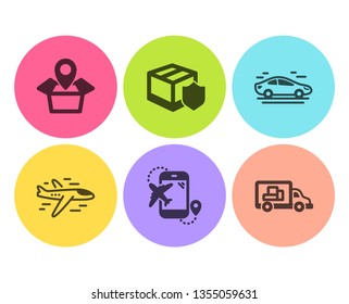 Delivery insurance, Car and Flight destination icons simple set. Package location, Airplane and Truck transport signs. Parcel protection, Transport. Transportation set. Flat delivery insurance icon