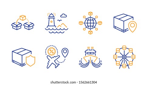 Delivery insurance, Flight sale and Logistics network line icons set. Ship, Parcel tracking and Lighthouse signs. Parcel shipping, Ferris wheel symbols. Line delivery insurance icon. Vector
