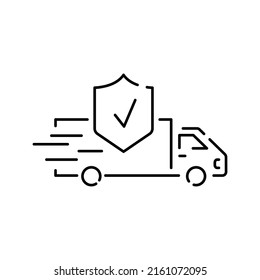 Delivery insurance line icon. Parcels tracking sign. Shipping box symbol. Outline concept. Delivery insurance Vector. Save and protect. Truck or car and fast