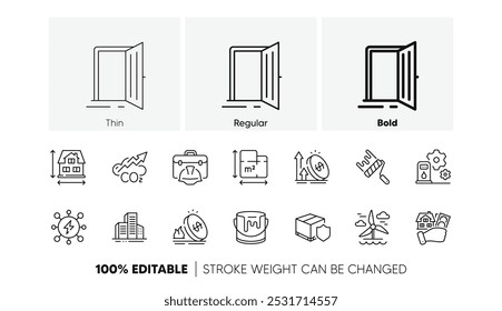 Seguro de entrega, Rolo de tinta e ícones de linha de imposto embutido. Pacote de Pintura, Edifícios, Ícone de energia. Dimensão da casa, planta, Pictograma do preço do gás. Moinho de vento, Caixa de ferramentas de construção, Porta aberta. Vetor