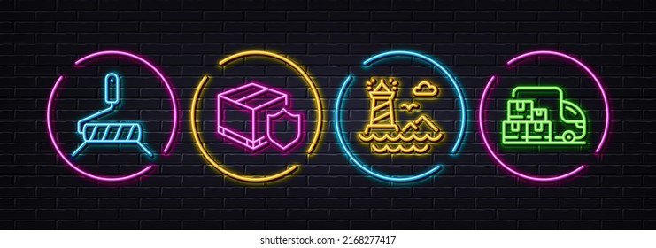 Delivery insurance, Paint roller and Lighthouse minimal line icons. Neon laser 3d lights. Delivery truck icons. For web, application, printing. Vector