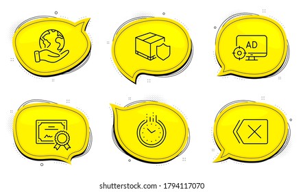 Delivery insurance sign. Diploma certificate, save planet chat bubbles. Remove, Seo adblock and Time line icons set. Delete button, Search engine, Clock. Parcel protection. Outline icons set. Vector