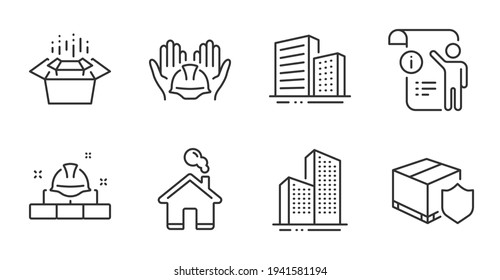 Delivery insurance, Skyscraper buildings and Home icons set. Vector