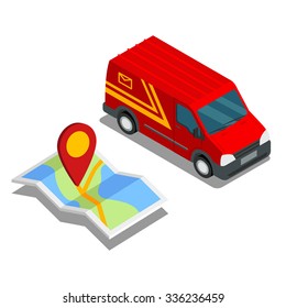 Delivery isometric 3d van car truck map cargo location