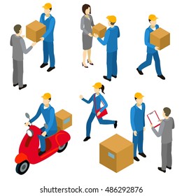 Delivery isometric characters set with couriers in uniform and transfers of cartons to businesspersons isolated vector illustration  