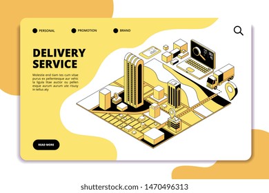 Delivery isometric concept. Logistic and shipping warehouse service with truck, packaging and city map. Phone app vector landing page. Delivery track express, shipping export order illustration