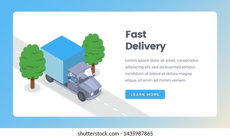 Delivery isometric landing page vector template. Shipping goods by truck, delivery service, shipment website layout. Courier in car, logistics and distribution 3d concept