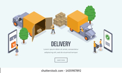 Delivery isometric landing page vector template. E-shopping, order and delivery, truck loading website layout. Shipping vehicle, courier giving parcel to customer 3d concept