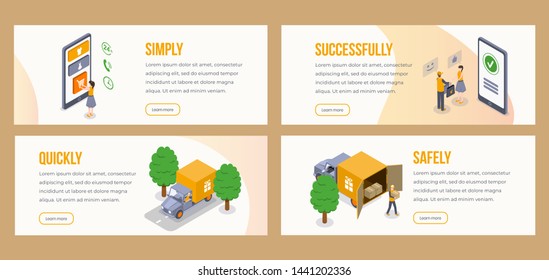 Delivery isometric landing pages vector template. Simply, quickly, shipping, successfully delivery order to door webpage steps. Customer and courier 3d illustrations concept 