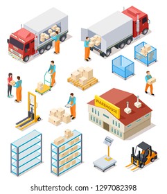 Delivery isometric. Logistic, distribution warehouse, truck with people workers carrying boxes package. 3d cargo industry vector set