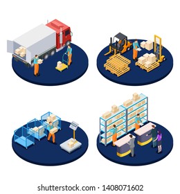 Delivery isometric. Logistic, distribution warehouse, parcel delivery isometric vector concepts