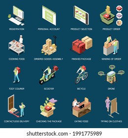 Delivery isometric set with 3d icons of courier parcel online order extradition people cooking trying on clothes isolated vector illustration