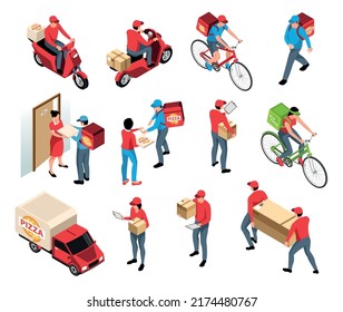 Delivery isometric set of couriers with parcels riding scooter bicycle delivering order isolated 3d vector illustration