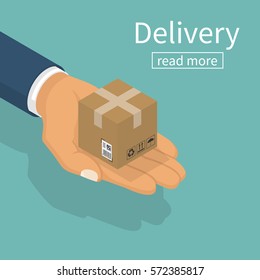 Delivery isometric. Vector illustration flat design. Shipping service concept. Courier delivered a package, hold in hand. Give cardboard box.  