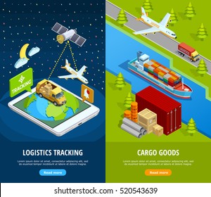 Delivery isometric vertical banners with logistic means of tracking and different types of transport vector illustration