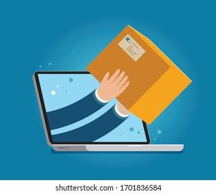 Delivery issued through web application on laptop. Business vector illustration