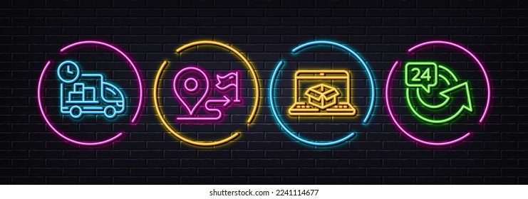 Delivery, Journey and Online delivery minimal line icons. Neon laser 3d lights. 24 hours icons. For web, application, printing. Fast service, Trip distance, Parcel tracking website. Repeat. Vector