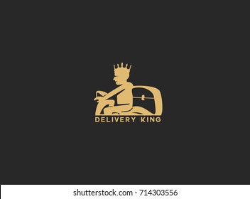 Delivery king icon, home delivery, items at doorstep, man driving two wheeler, black background, vector illustration