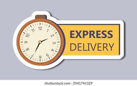 Delivery label. Clocks with tag with text express delivery. Logistics, transportation and shipping. Online shopping and electronic commerce. Flat vector illustration isolated on grey background