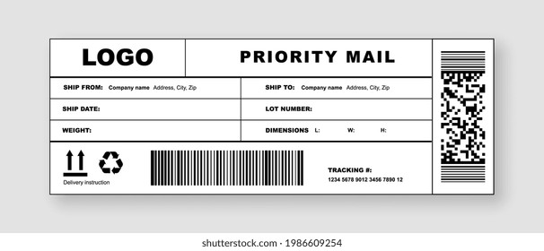 Delivery label mail for post package or shipping document. Realistic international postal header mockup for priority parcel with company logo mark, address and caution sign vector illustration