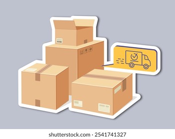 Delivery label. Stack of volumetric cardboard box. Logistics, transportation and shipping. Parcels at warehouse. Import and export. Flat vector illustration isolated on grey background