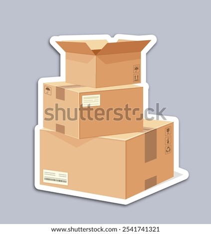 Delivery label. Stack of volumetric cardboard boxes. Logistics, transportation and shipping. Import and export. Graphic element for website. Flat vector illustration isolated on grey background